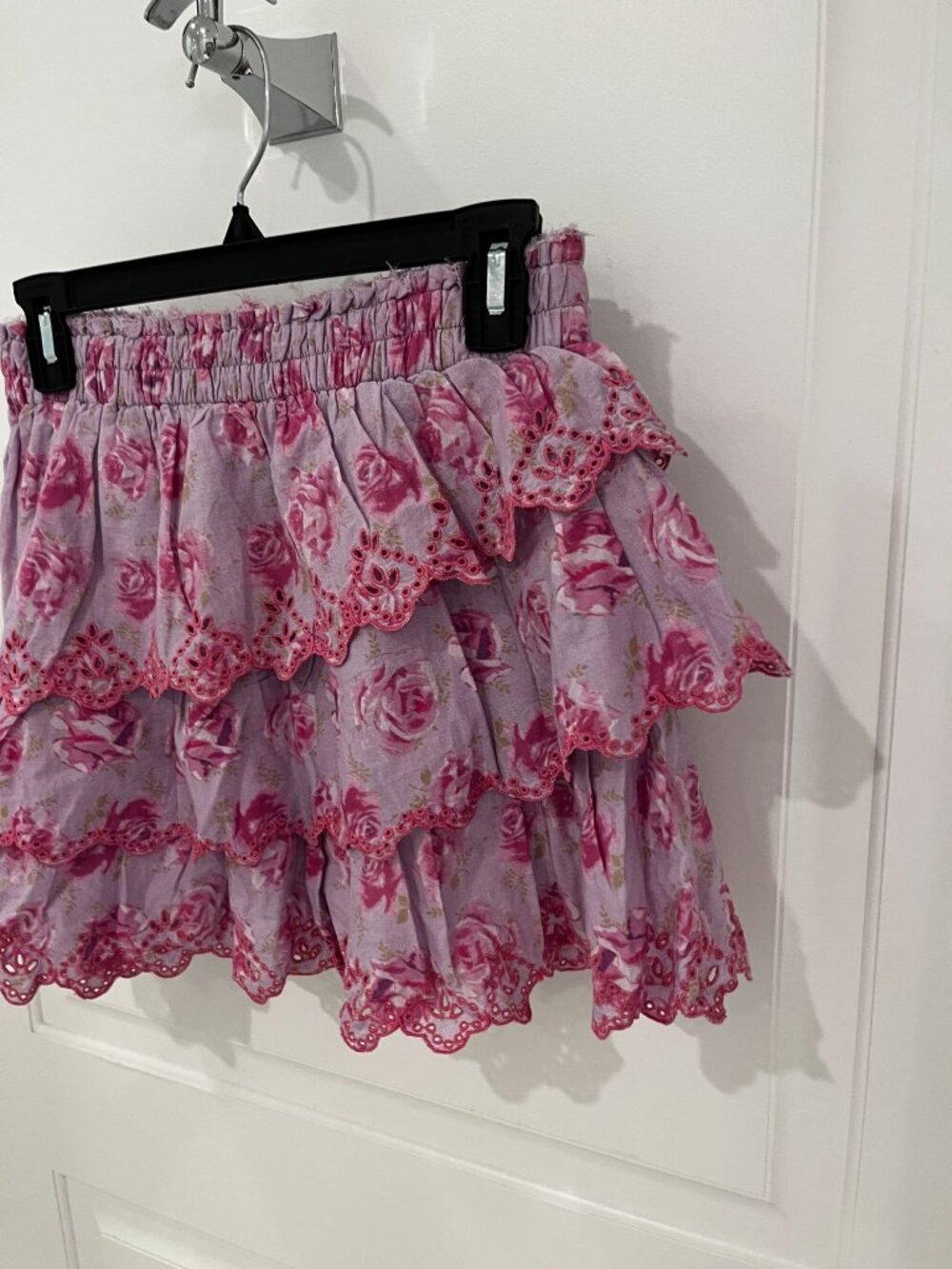 Love Shack Fancy Pink Lace Floral Tiered Mini Skirt MEDIUM Pull On Cotton - Picture 3 of 6
